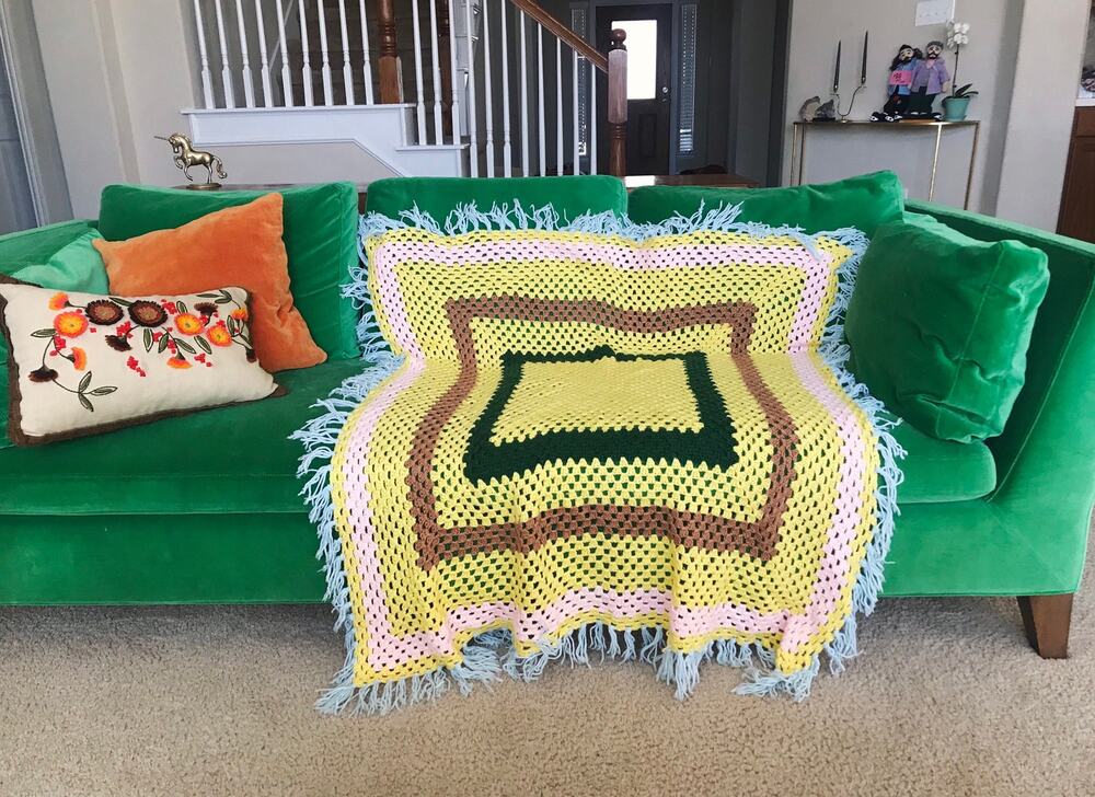 vintage 70s Yellow GIANT SQUARE Fringe Trim AFGHAN striped crochet cut out hand